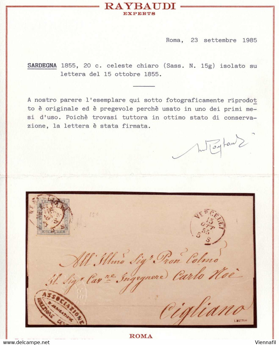 Cover 1855, Primo Mese D'uso Per Il Colore Celeste, Lettera Da Vercelli Il 15.10 Per Cigliano Affrancata Con 20 C. Celes - Sardegna