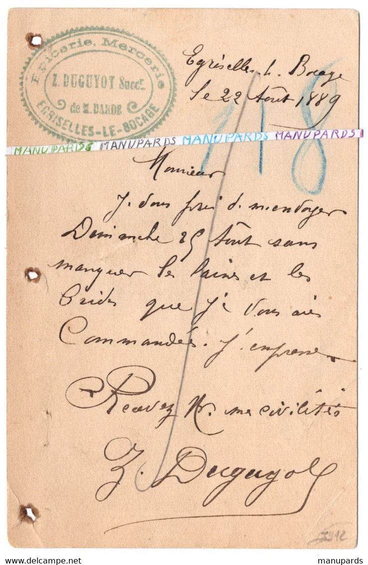 89 EGRISELLES LE BOCAGE / ENTIER POSTAL / 1889 / TAMPON EPICERIE - MERCERIE DUGUYOT - Egriselles Le Bocage