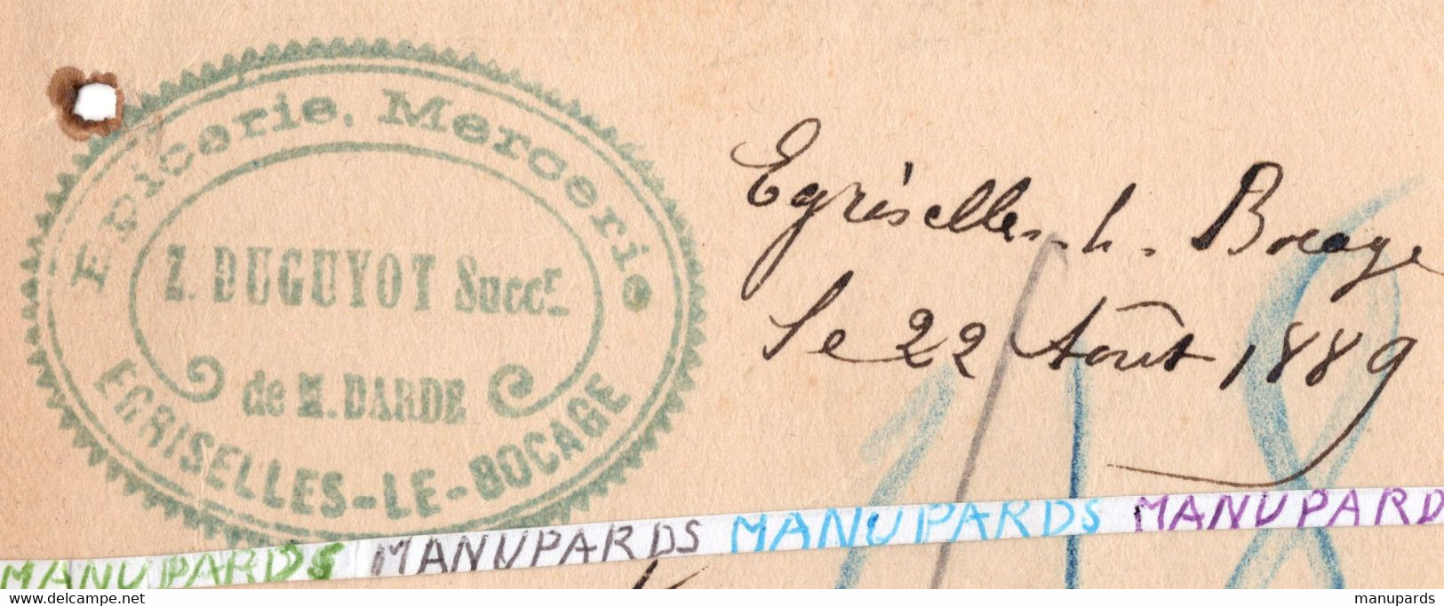 89 EGRISELLES LE BOCAGE / ENTIER POSTAL / 1889 / TAMPON EPICERIE - MERCERIE DUGUYOT - Egriselles Le Bocage