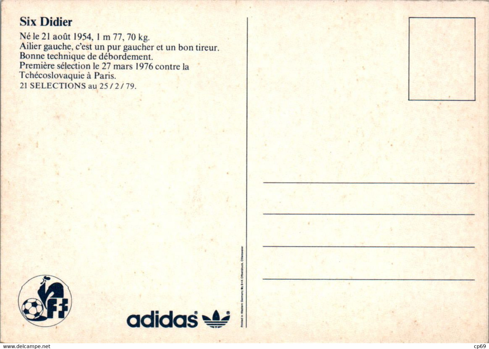 Carte Postale Football Foot Sport Equipe De France De 1979 Marque Sponsor Adidas Six Didier En TB.Etat - Fútbol
