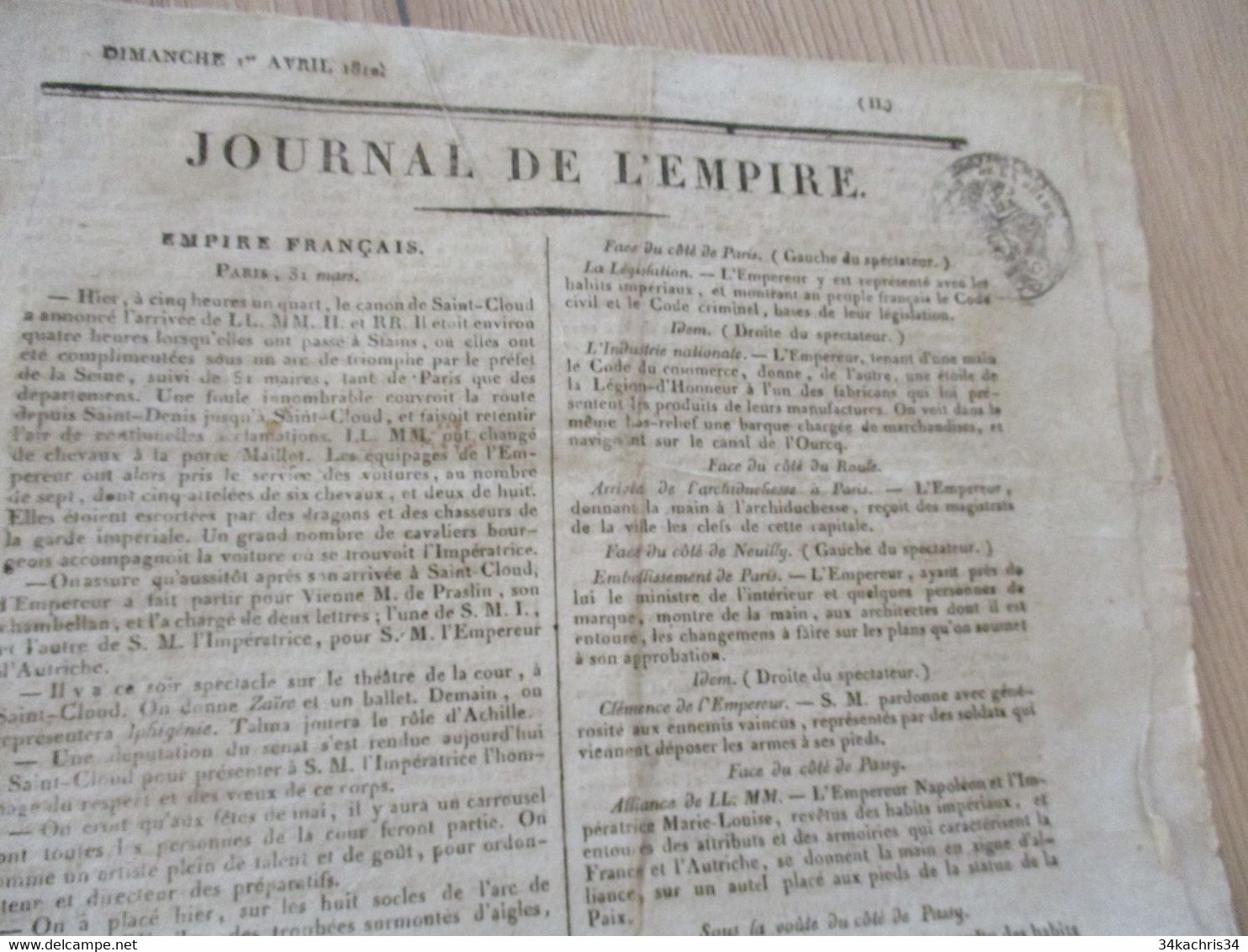 Journal De L'Empire 01/04/1810 Original En L'état - 1800 - 1849