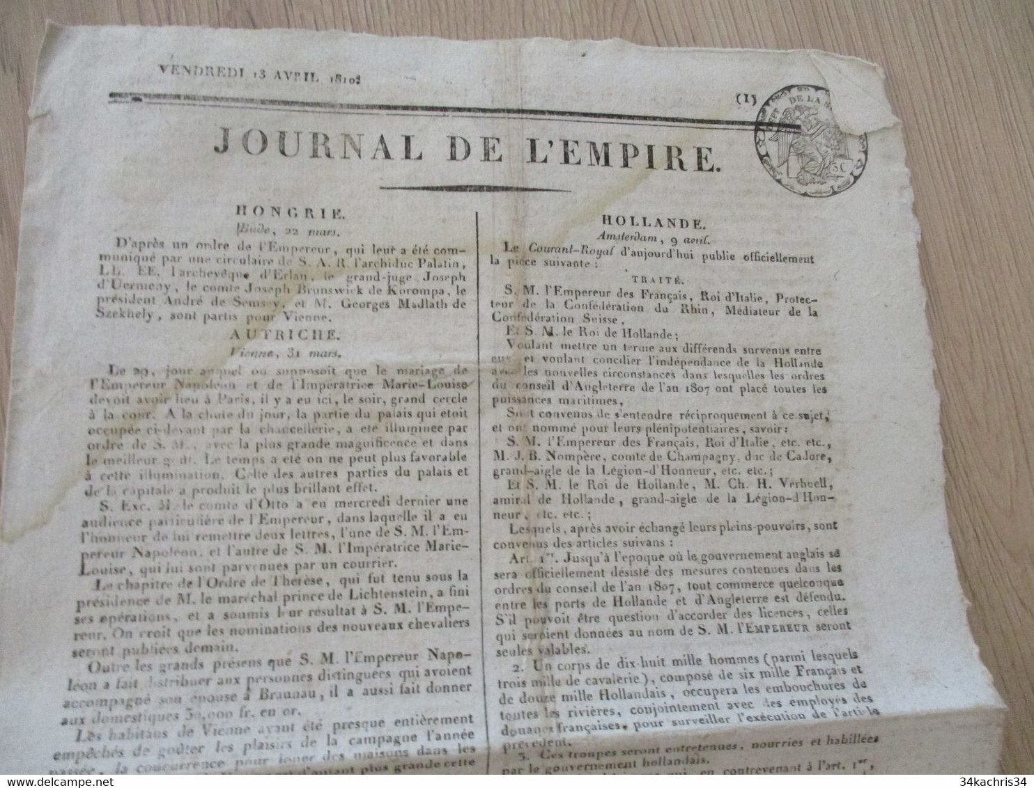 Journal De L'Empire 13/04/1810 Original En L'état - 1800 - 1849