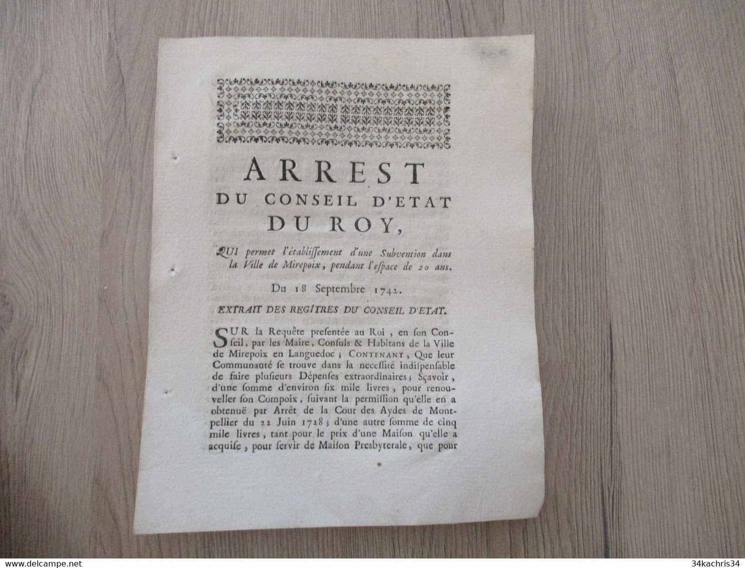 Arrest Du Conseil D'Etat Du Roi 18/9/1742 établissement D'une Subvention Dans La Ville De Mirepoix - Decrees & Laws