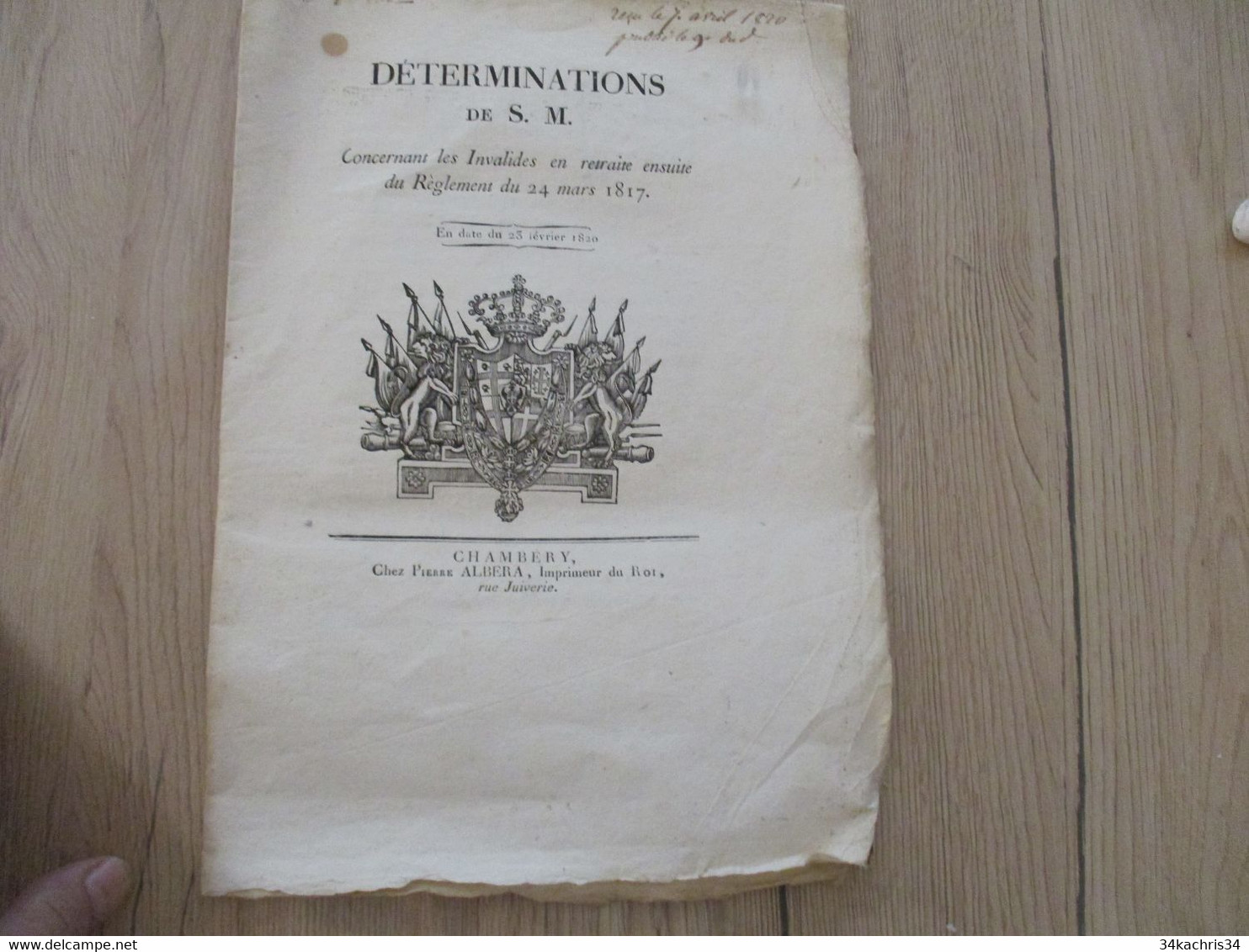 23/02/1820 Victor Emanuel Détermination De Sa Majesté Concernant Les Invalides En Retraite .... Chambéry - Gesetze & Erlasse