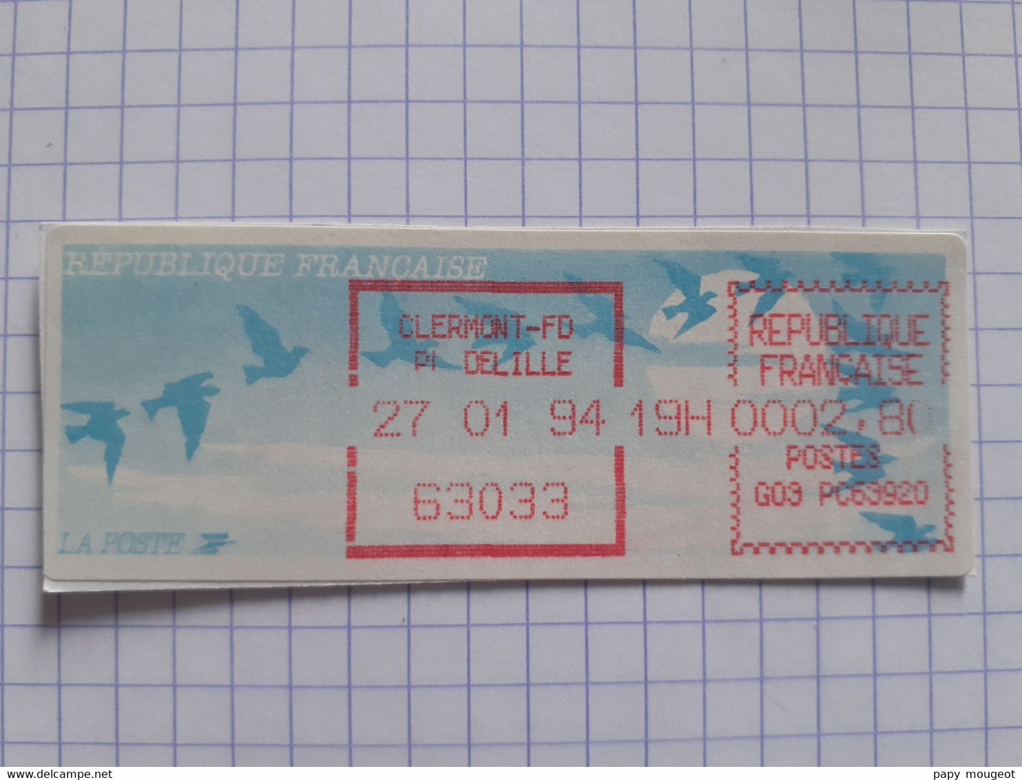 Clermont-FD Pl DELILLE 63033 - 27-01-94 - G03 PC63920 Tarif 2.80 - Début De Manque D'encre - 1990 Type « Oiseaux De Jubert »