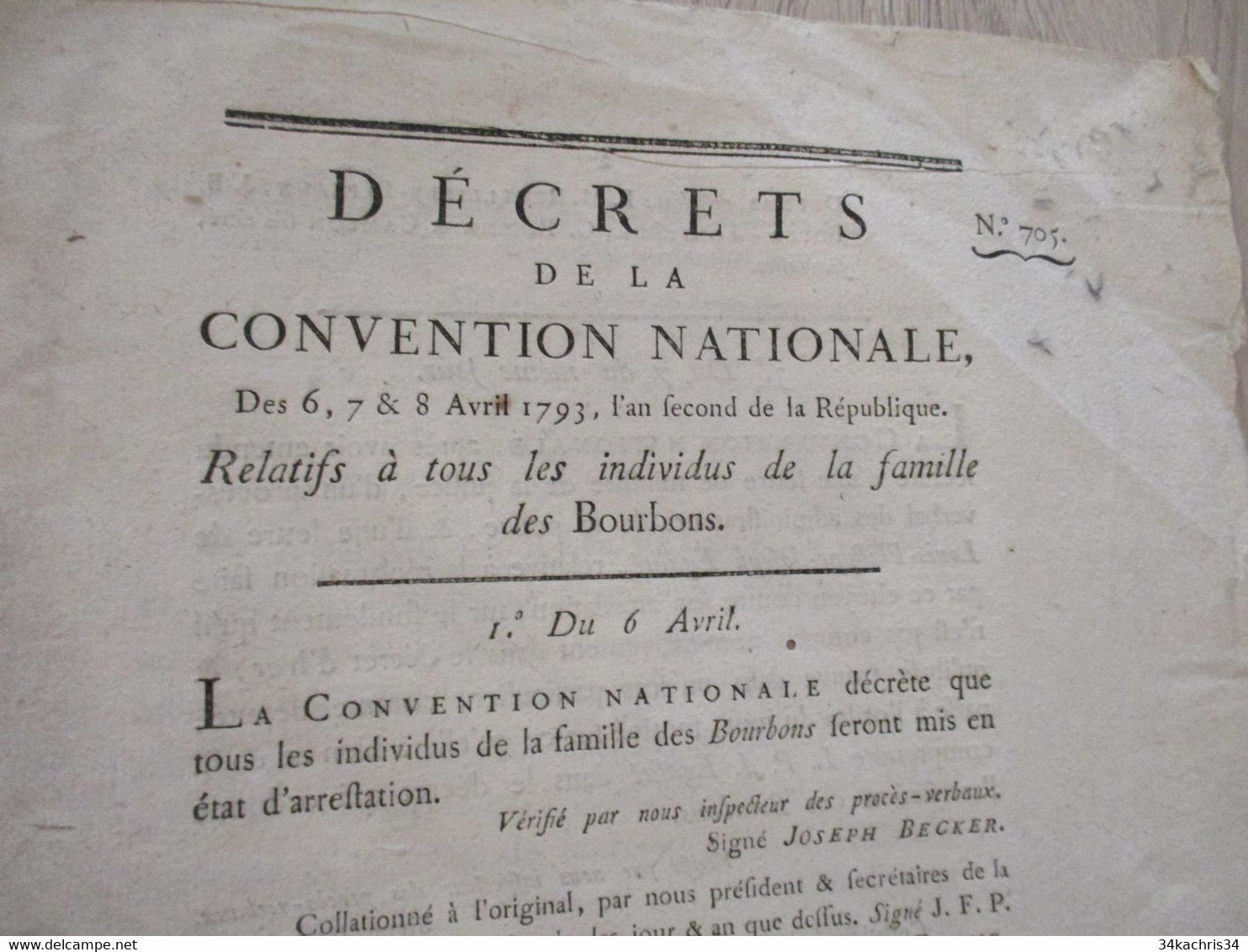 Décret De La Convention Nationale 1793 Révolution Relatifs à Tous Les Individus De La Famille Des Bourbons - Gesetze & Erlasse