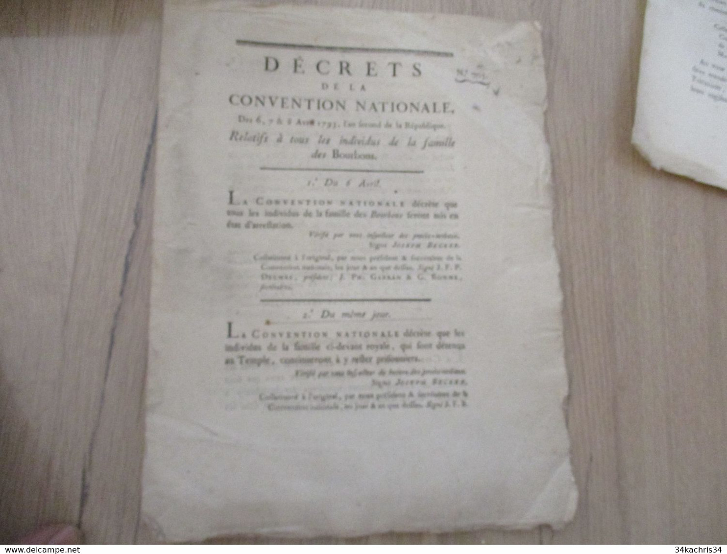 Décret De La Convention Nationale 1793 Révolution Relatifs à Tous Les Individus De La Famille Des Bourbons - Décrets & Lois