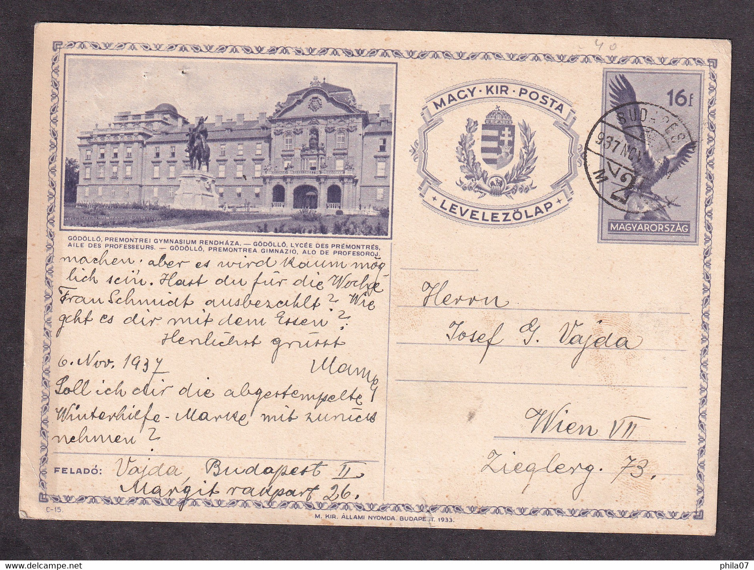 HUNGARY - Illustrated Stationery - Godollo, Premontrei Gymnasium Renhdaza - Circulated Stationery, 2 Scans - Enteros Postales
