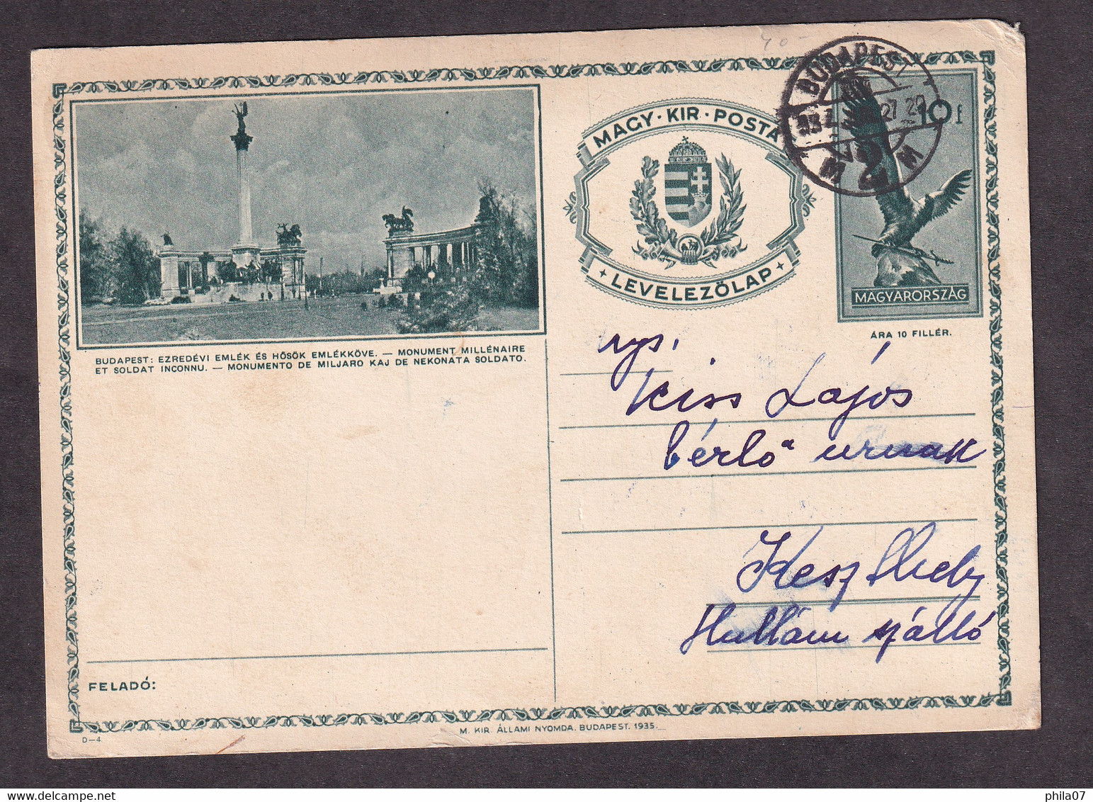HUNGARY - Illustrated Stationery - Budapest: Ezredevi Emlek Es Hosok Emlekkove - Circulated Stationery, 2 Scans - Postal Stationery