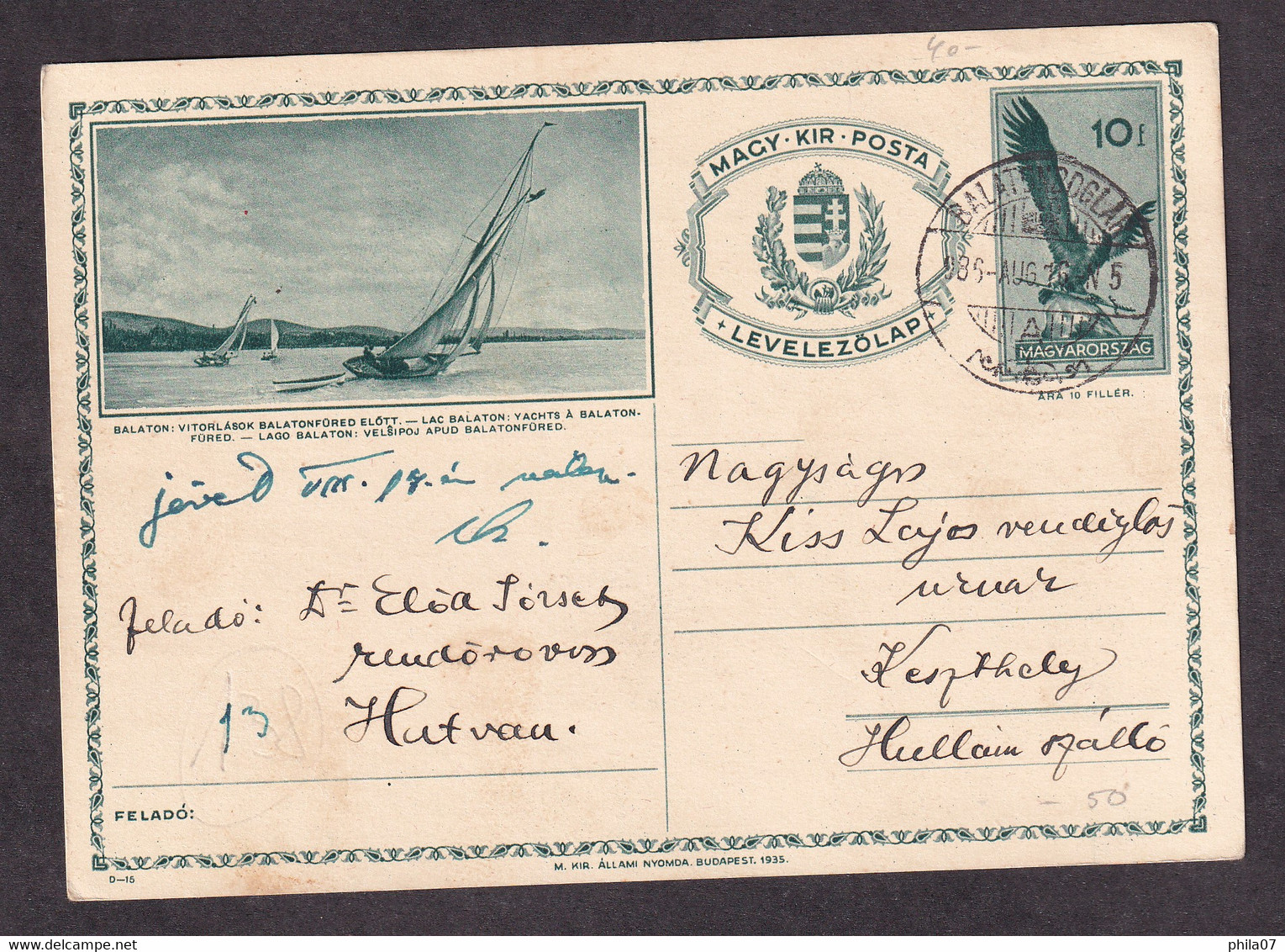 HUNGARY - Illustrated Stationery - Balaton: Vitorlasok Ballatonfured Elott - Circulated Stationery, 2 Scans - Postwaardestukken