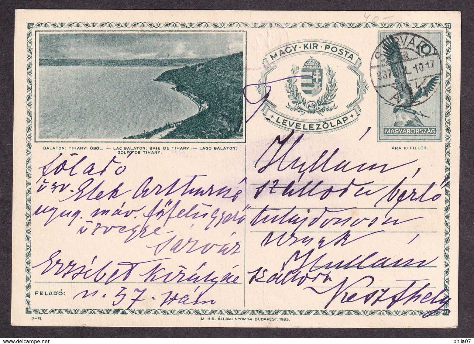 HUNGARY - Illustrated Stationery - Balaton: Tihanyi Obol - Lac Balaton Baie De Tihany - Circulated Stationery, 2 Scans - Postal Stationery