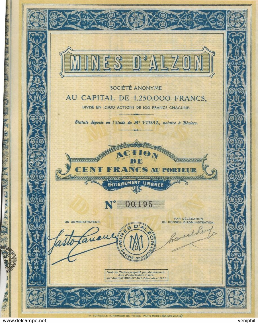 MINES D'ALZON  -BEZIERS - ACTION DE 100 FRS - ANNEE 1929 - Mijnen