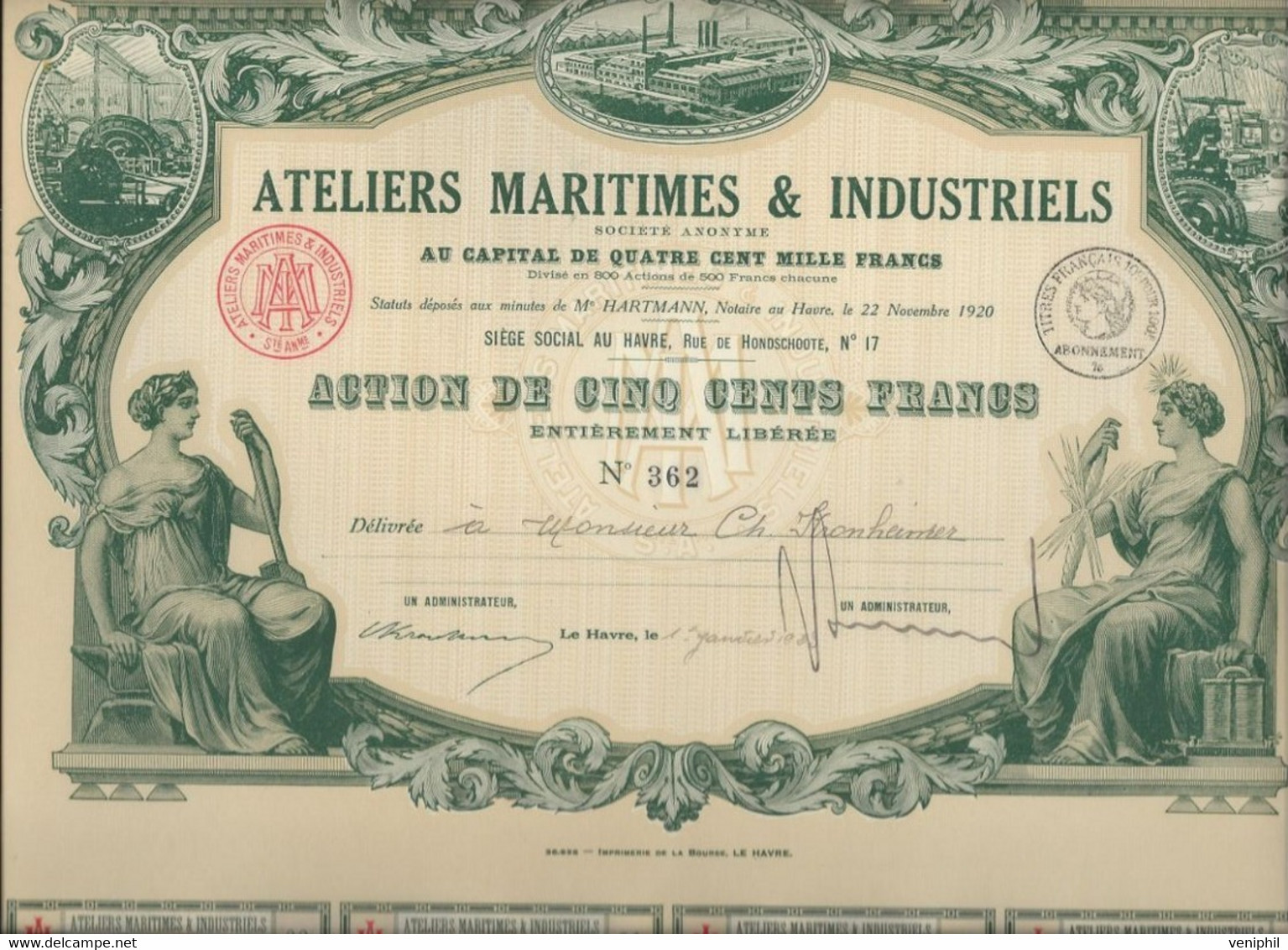 ATELIERS MARITIMES ET INDUSTRIELS- ACTION ILLUSTREE DE 500 FRS -ANNEE 1923 - Navigazione