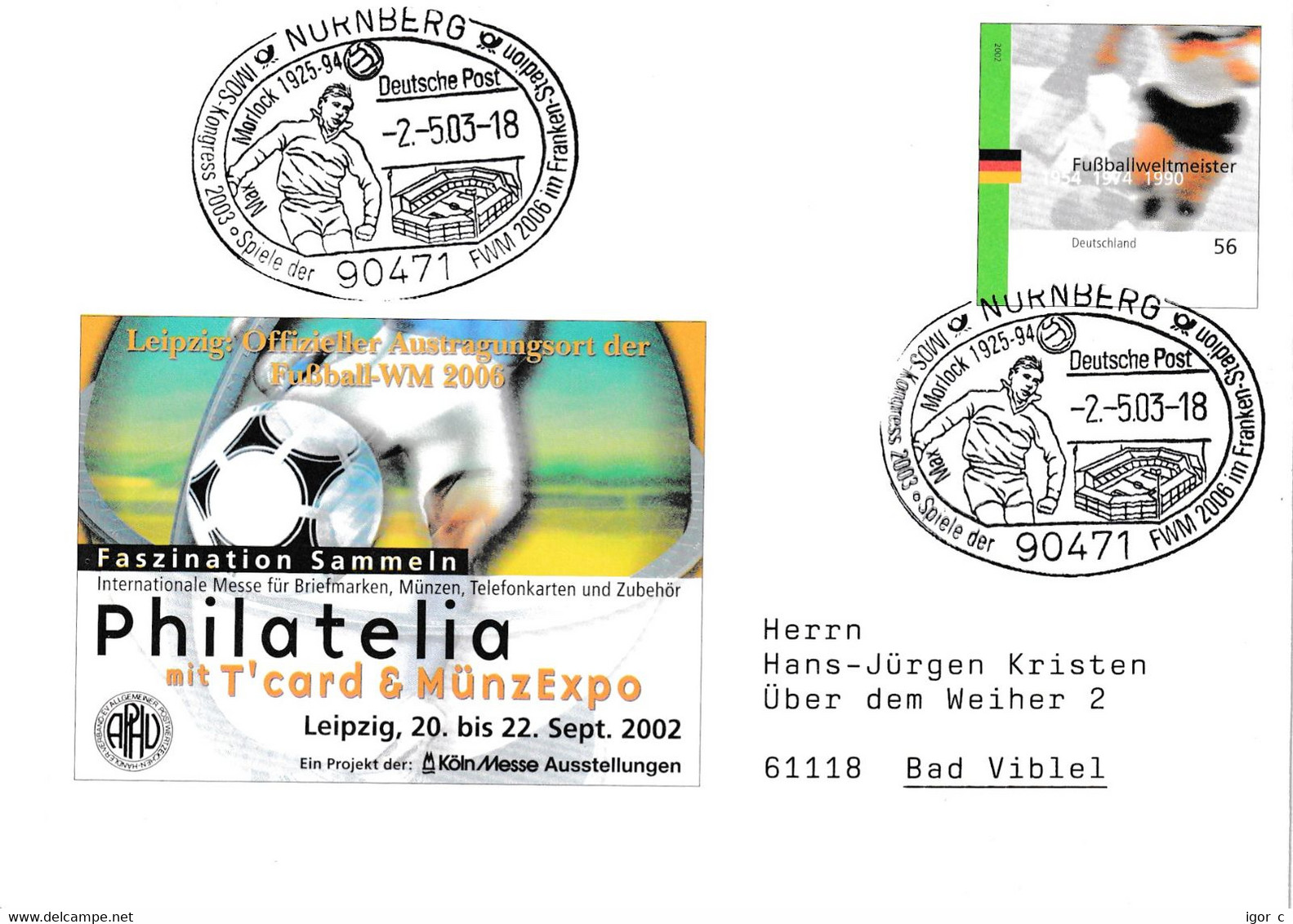 Germany 2003 Postal Stationery Cover: Football Fussball Soccer; FIFA World Cup 1954 Wunder Von Bern Max Morlock; Franken - 1954 – Schweiz