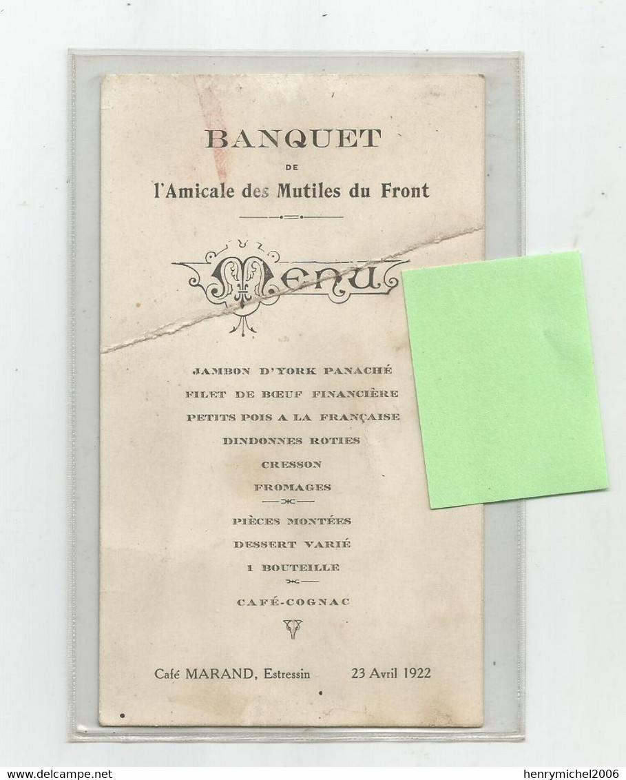 Menu Banquet De L'amicale Des Mutilés Du Front Guerre 14-18 Au Café Marrand A Estressin Vienne 38 Isère - 23/04/1922 - Menus