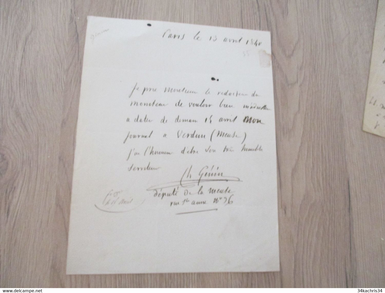 LAs Autographe Signée Genin Paris 1840 Député De La Meuse à Propos De Son Abonnement Au Journal Des Moniteurs - Other & Unclassified