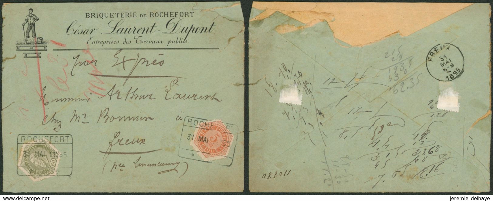 Télégraphe - TG9 Et 14 Sur L. à En-tête Par Expres Obl Chemin De Fer "Rochefort" (1895) > Freux / Léger Défaut - Timbres Télégraphes [TG]