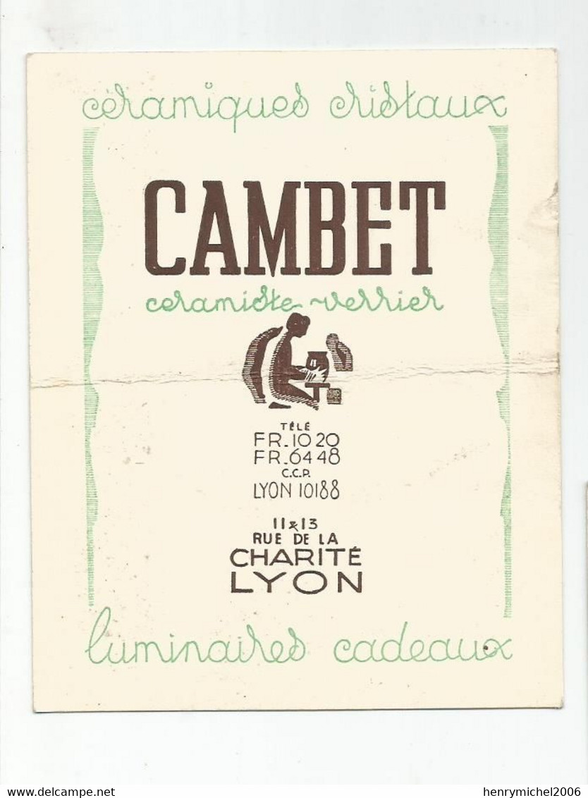 Carte De Visite Céramiques Cristaux Cambert Ceramiste Verrier 11 Et 13 Rue De La Charité Lyon - Tarjetas De Visita