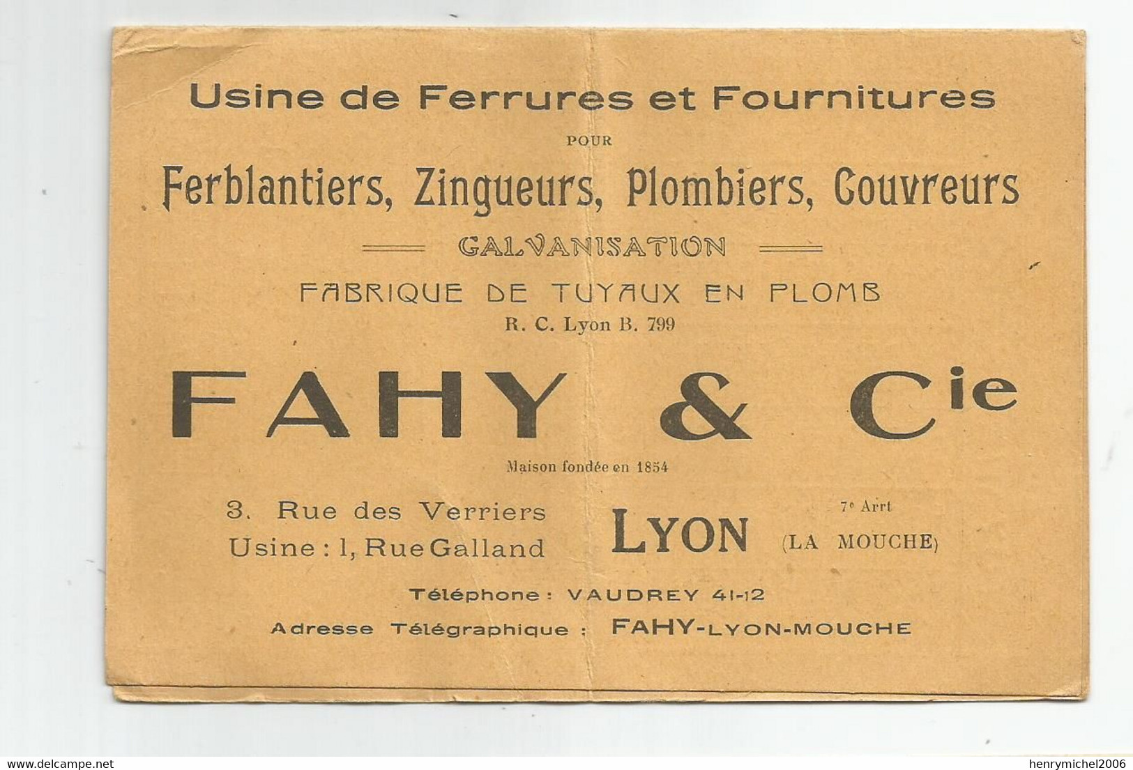 Carte De Visite Fabrique De Tuyaux En Plomb Usine Ferrures Et Fournitures Fahy Lyon La Mouche Carte Double Pub - Cartes De Visite