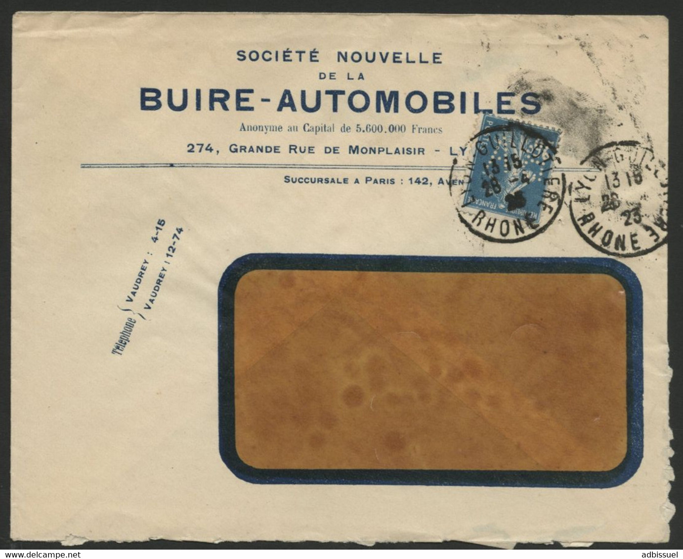 BUIRE AUTOMOBILE N° 140 Perforé B.A De Lyon En 1923. Voir Description - Brieven En Documenten