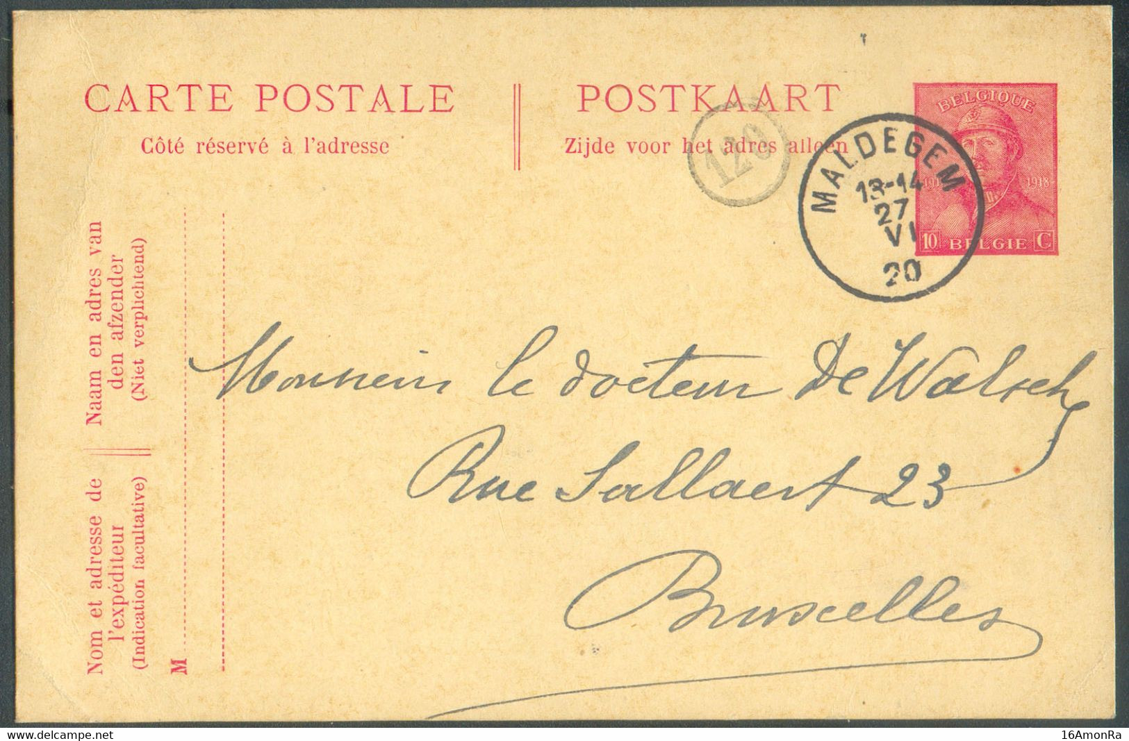 E.P. Carte 10c. ROI CASQUE (rouge S/crème) Obl. Sc MALDEGEM 27-VI-20 Vers Bruxelles.  Superbe   - 19299 - Briefkaarten 1909-1934