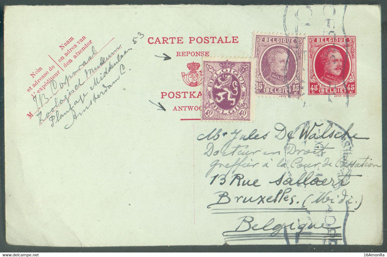 E.P. Carte Réponse 45c. Houyoux + Tp 15 Et 40c. Obl. Néerlandaise AMSTERDAM 4-XII-1931 Vers Bruxelles. - 19301 - Tarjetas 1909-1934