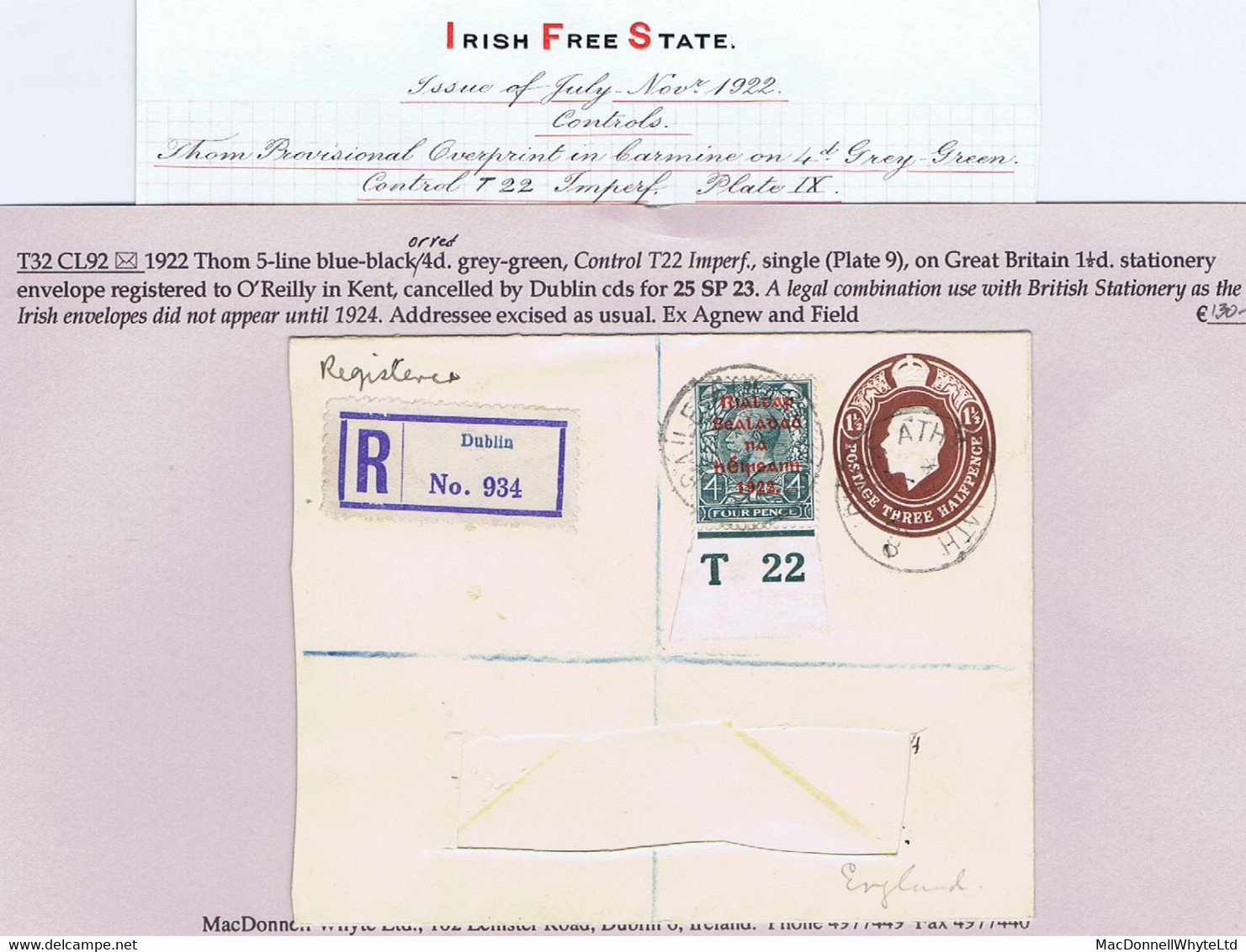 Ireland 1922 Thom Rialtas Ovpt In Red On 4d, Control T22 Imperf, Used On GB 1½d Brown Envelope Dublin To Kent - Covers & Documents