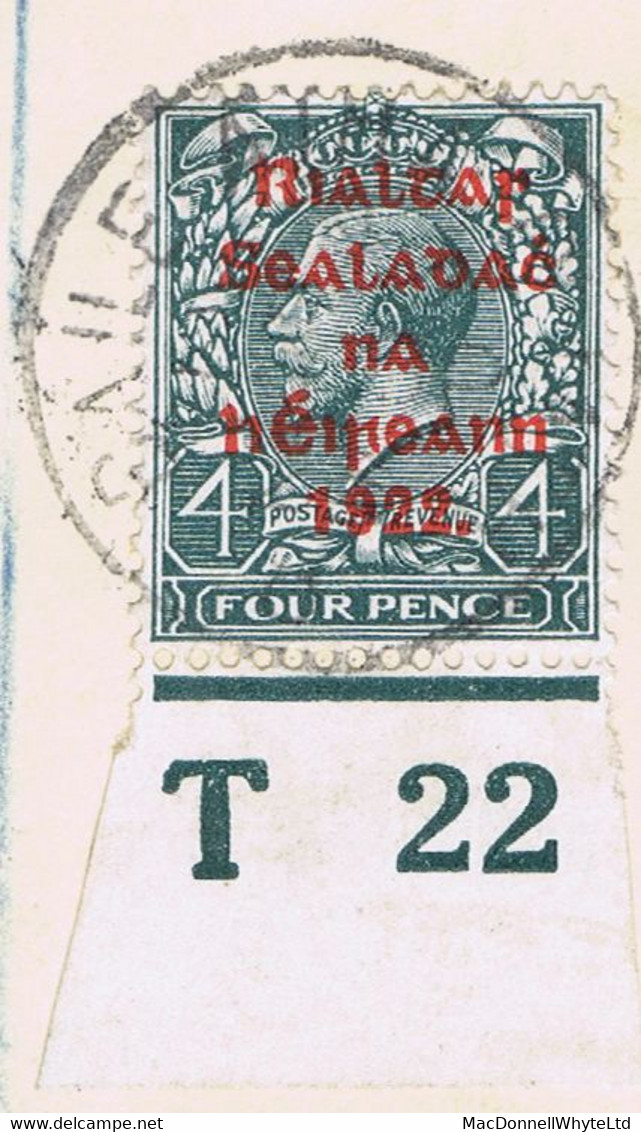 Ireland 1922 Thom Rialtas Ovpt In Red On 4d, Control T22 Imperf, Used On GB 1½d Brown Envelope Dublin To Kent - Covers & Documents