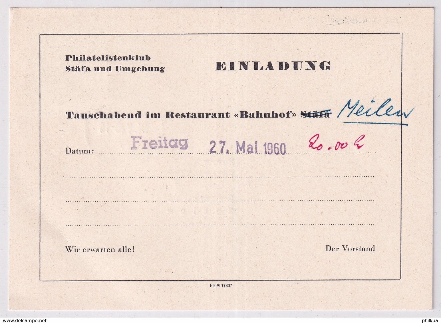 Zumstein 342 / Michel 386 Auf Einladungskarte Philatelistenclub Stäfa Karte Gelaufen Ab Schaan - Storia Postale