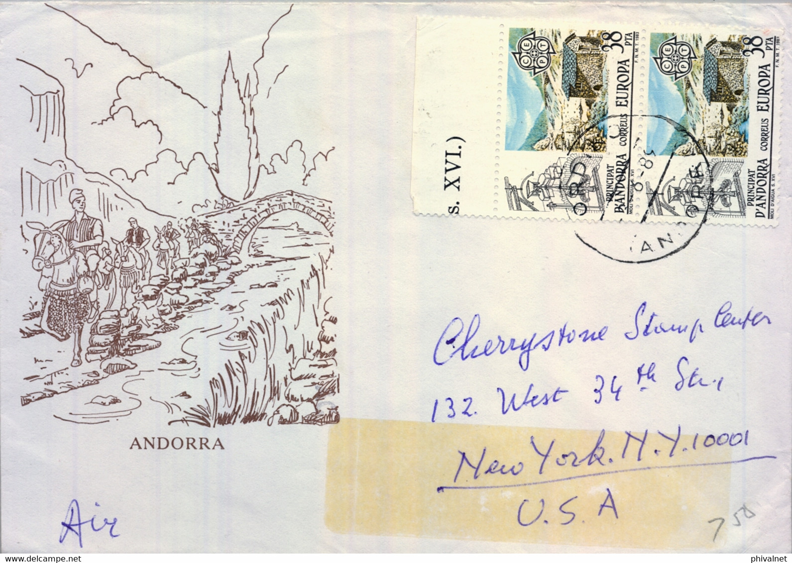 1989 ANDORRA , CORREO ESPAÑOL , SOBRE CIRCULADO ENTRE ORDINO Y NEW YORK , ED. 169 X 2 , TEMA EUROPA - Brieven En Documenten