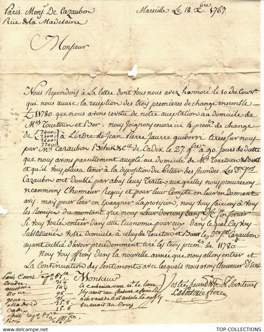 1767 COMMERCE FINANCE INTERNATIONALE CADIX PIASTRES COMPAGNIE DES INDES MARSEILLE LAPORTERIE Fr.=>PARIS  De CAZAUBON - Historische Documenten