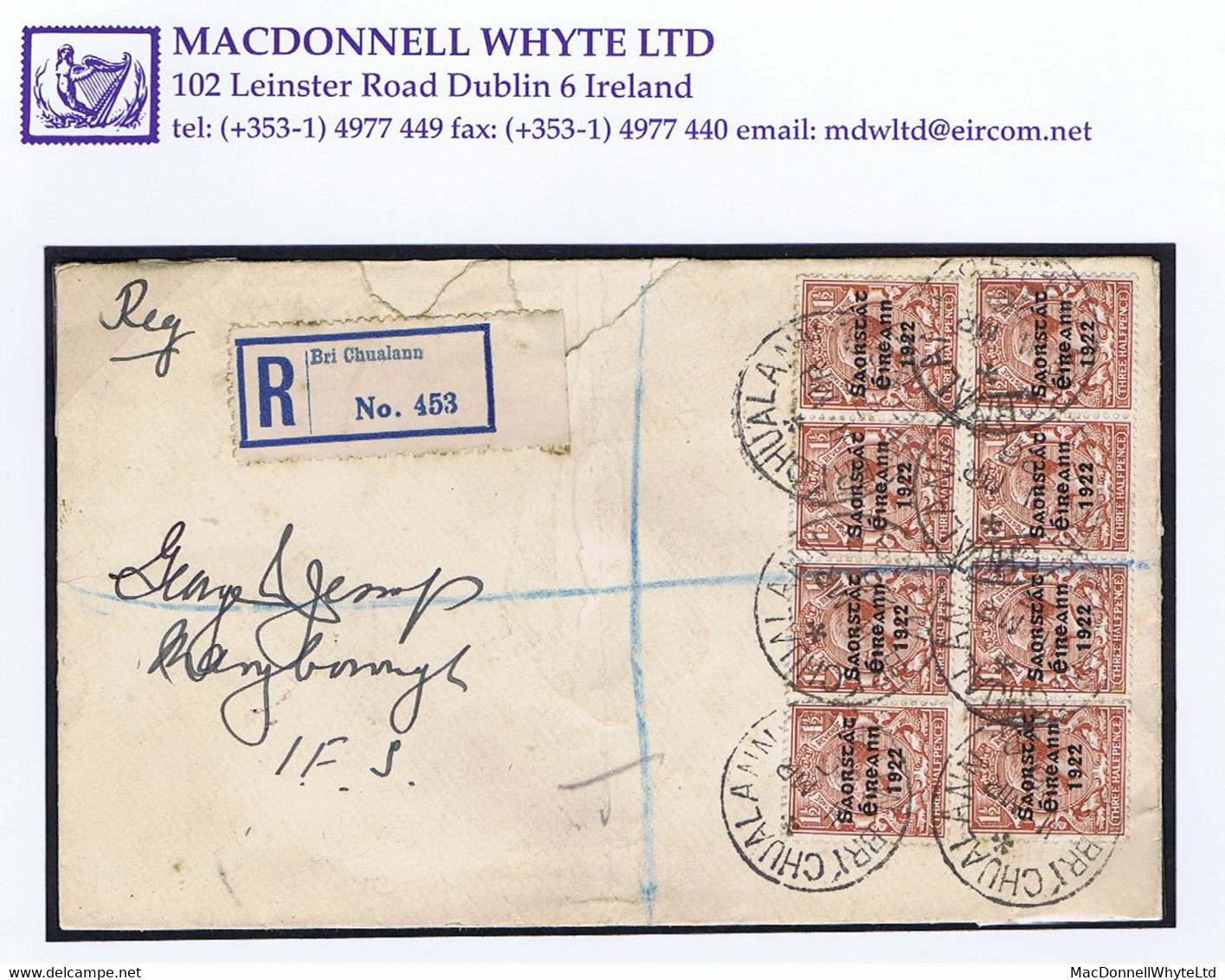 Ireland 1923 Harrison Saorstat 3-line Coils,1½d Brown, Two Strips Of 4 Used On 1926 Registered Cover Bray To Maryborough - Brieven En Documenten