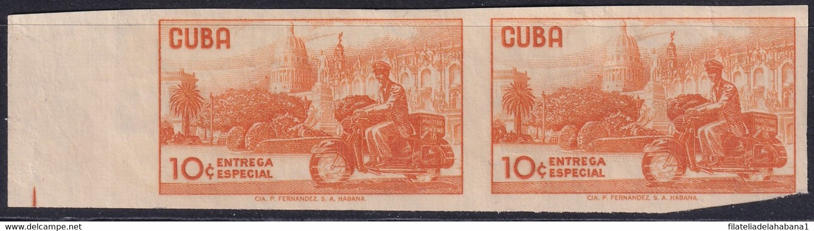 1961.198 CUBA 1961 10c IMPERFORATED PROOF SPECIAL DELIVERY PAIR MOTO POSTMAN. - Imperforates, Proofs & Errors