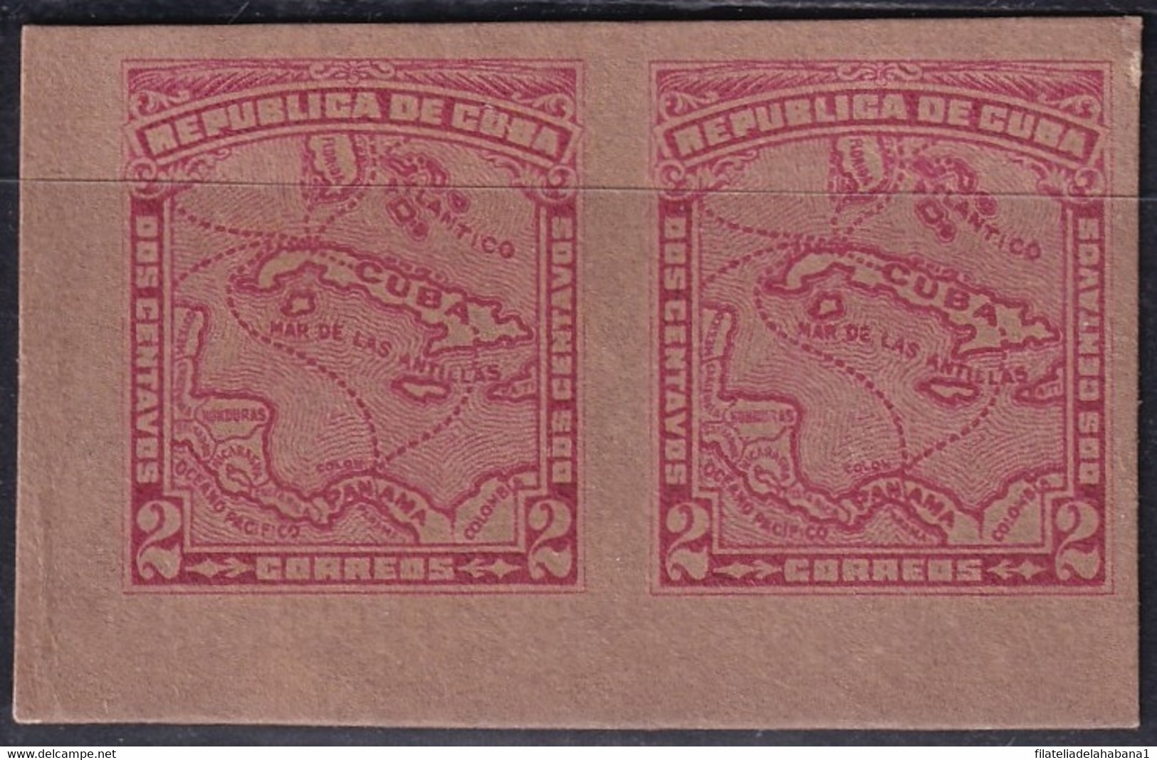 1914-168 CUBA REPUBLICA 2c IMPERFORATED PROOF CARBOARD CUBAN MAP. - Ongetande, Proeven & Plaatfouten