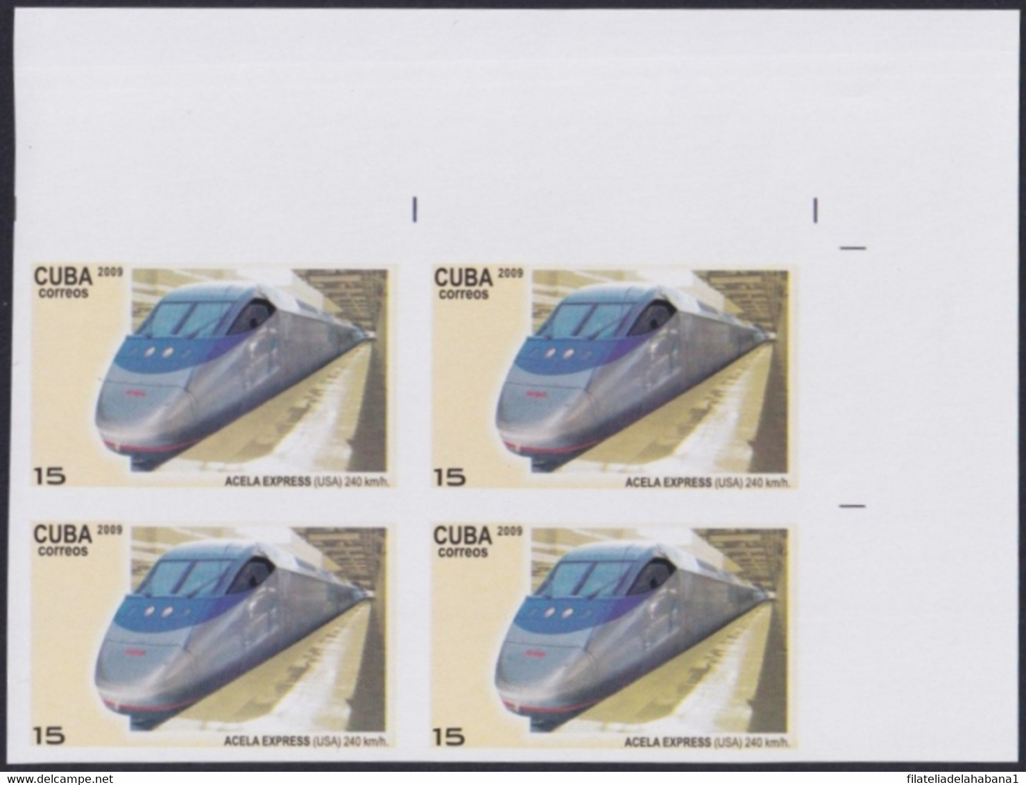 2009.446 CUBA 2009 15c MNH IMPERFORATED PROOF FAST RAILROAD ACELA EXPRESS USA. - Ongetande, Proeven & Plaatfouten