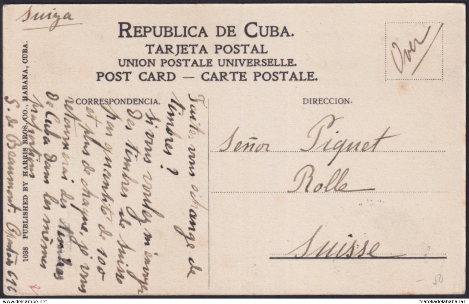 TMA-693 CUBA REPUBLICA 2c 1908 TARJETA MAXIMA PALMAS LANDSCAPE RIVER PALM MAXIM CARD TO SWITZERLAND. - Maximumkarten