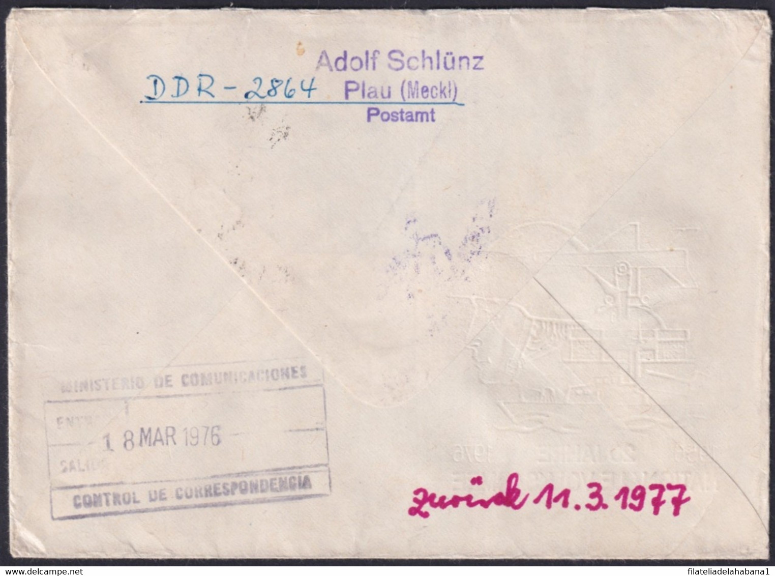 1976-H-2 GERMANY DDR 1976 COVER TO CUBA RETURN FORWARDED POSTMARK. - Brieven En Documenten