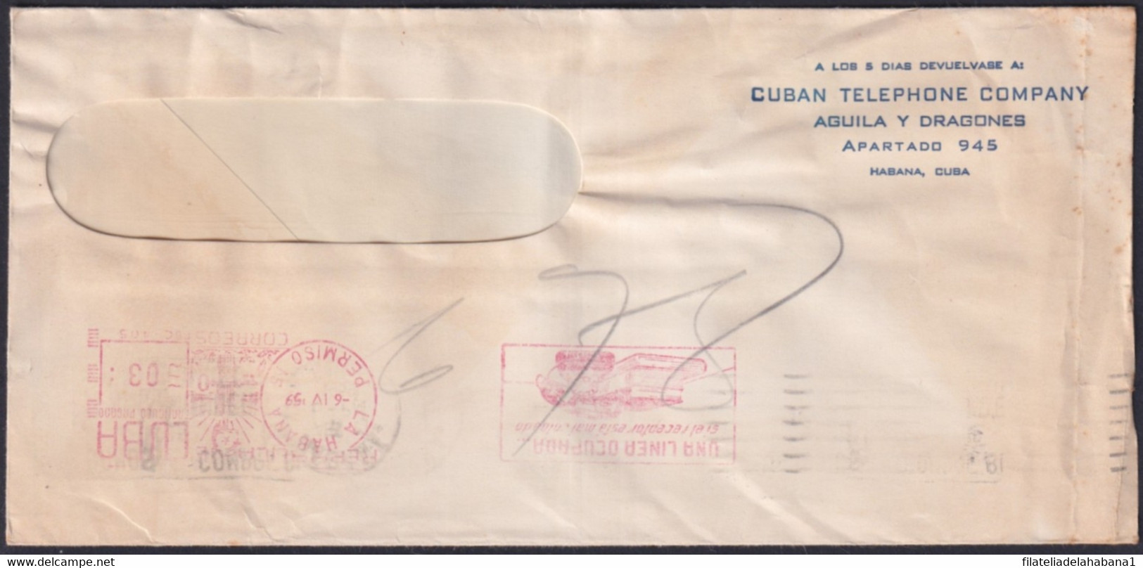 FM-231 CUBA 1959 PITNEY BOWES COVER CUBAN TELEPHON CO. PERMISO 15. - Covers & Documents