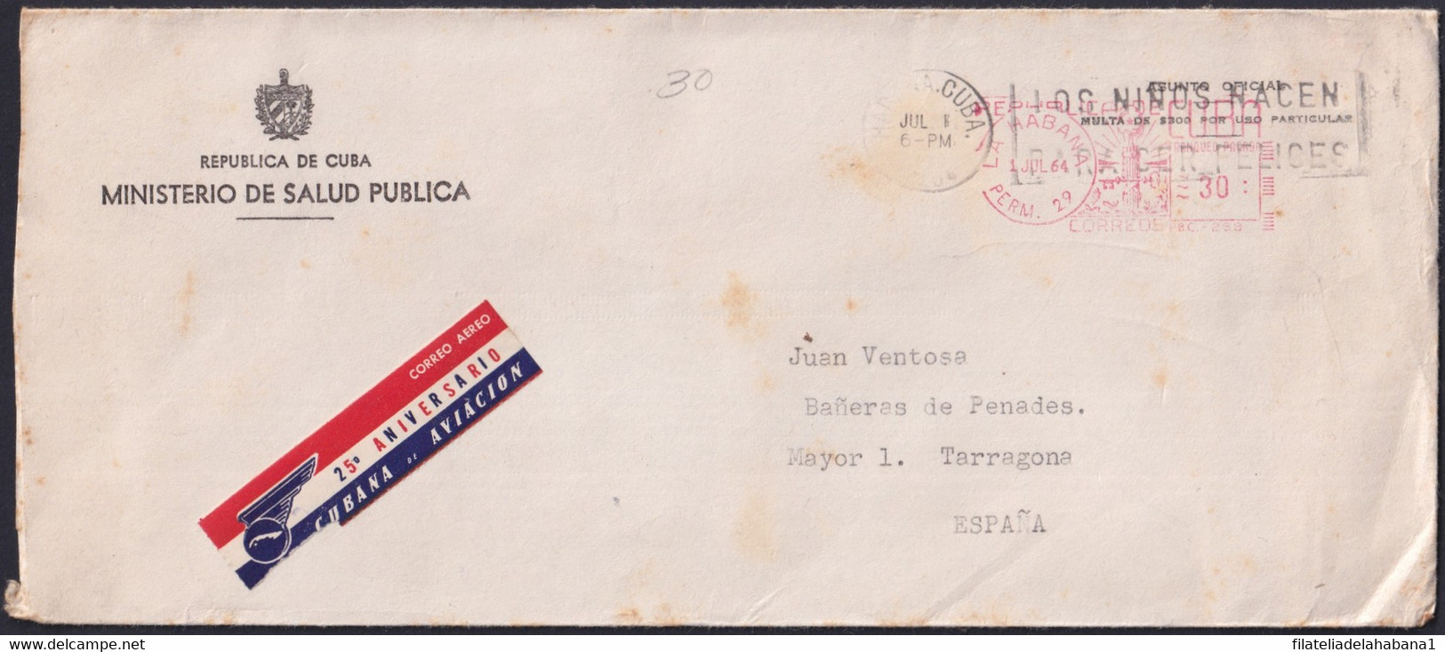 FM-232 CUBA LG2154 1959 PITNEY BOWES COVER MINISTERIO SALUD PUBLICA. PERMISO 29. LOS NIÑOS NACEN PARA SER FELICES. - Covers & Documents