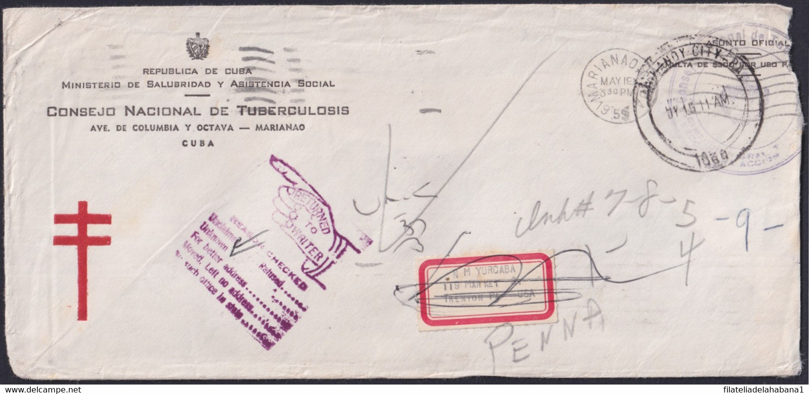 1959-H-37 CUBA 1959 LG-2156 OFFICIAL COVER POSTMARK FORWARDED COVER TO USA. - Lettres & Documents