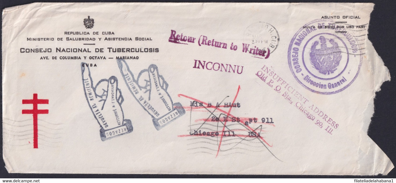 1959-H-39 CUBA 1959 LG-2158 OFFICIAL COVER POSTMARK FORWARDED COVER TO USA. - Lettres & Documents
