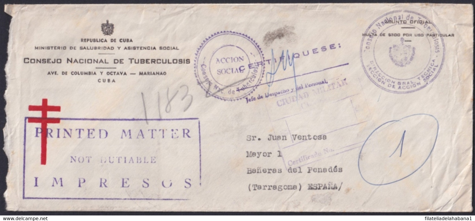 1959-H-40 CUBA 1959 LG-2160 REGISTERED COVER CIUDAD MILITAR FORWARDED COVER TO SPAIN. - Cartas & Documentos