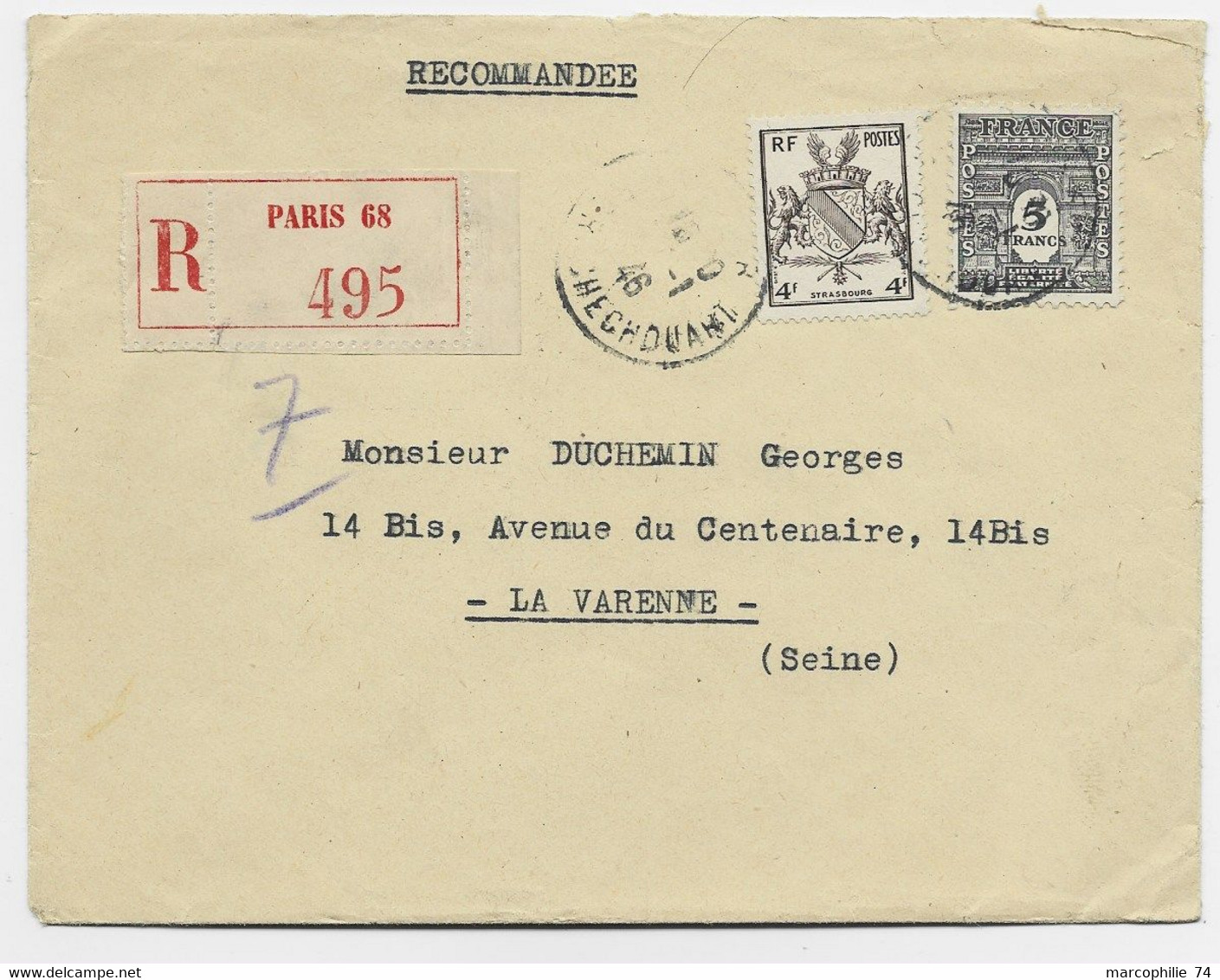 ARC TRIOMPHE 5FR +4FR BLASON LETTRE REC PARIS 1946 AU TARIF - 1944-45 Triomfboog