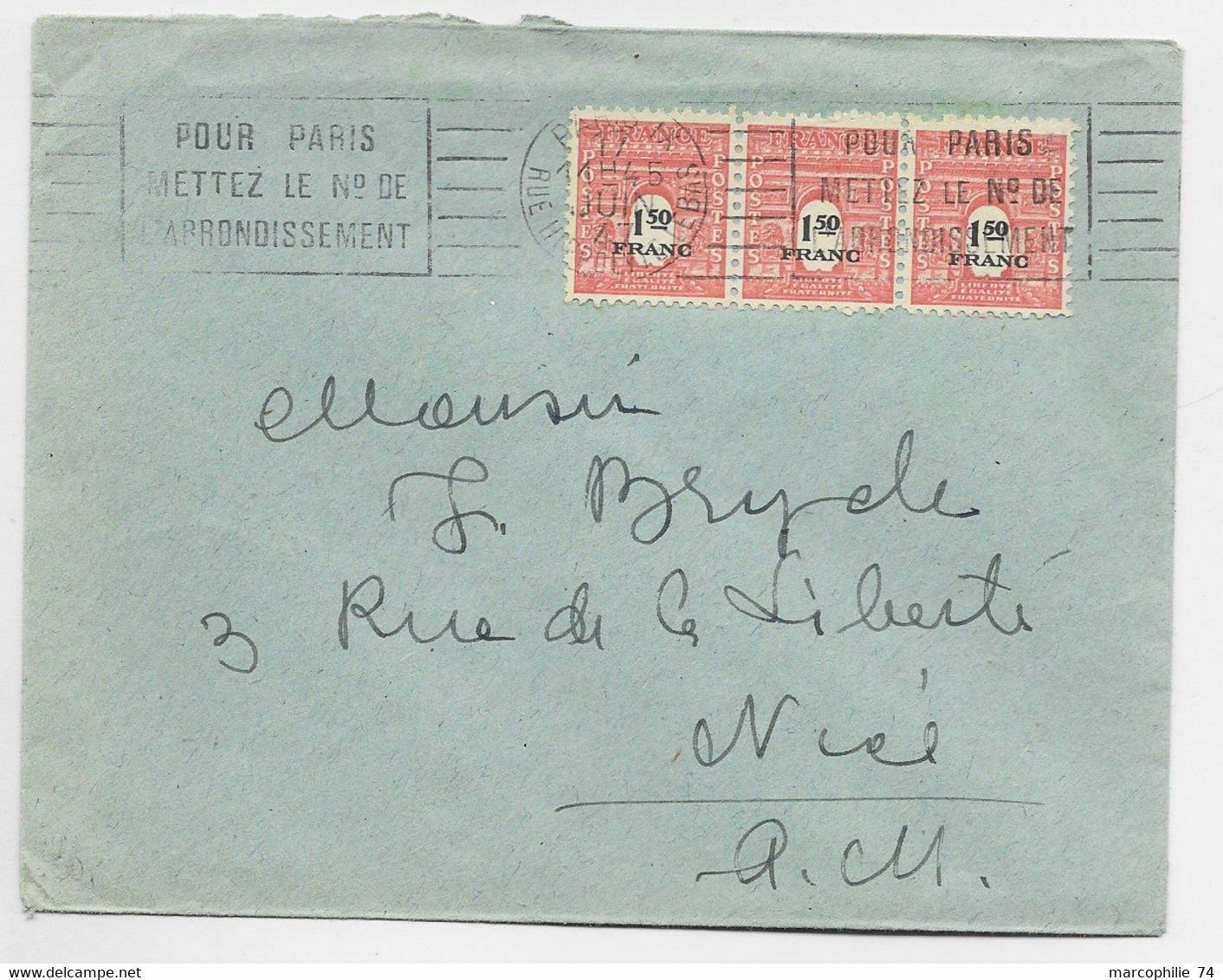 ARC TRIOMPHE 1FR50 BANDE DE 3 LETTRE PARIS 17 JUIN 1947 AU TARIF - 1944-45 Triomfboog