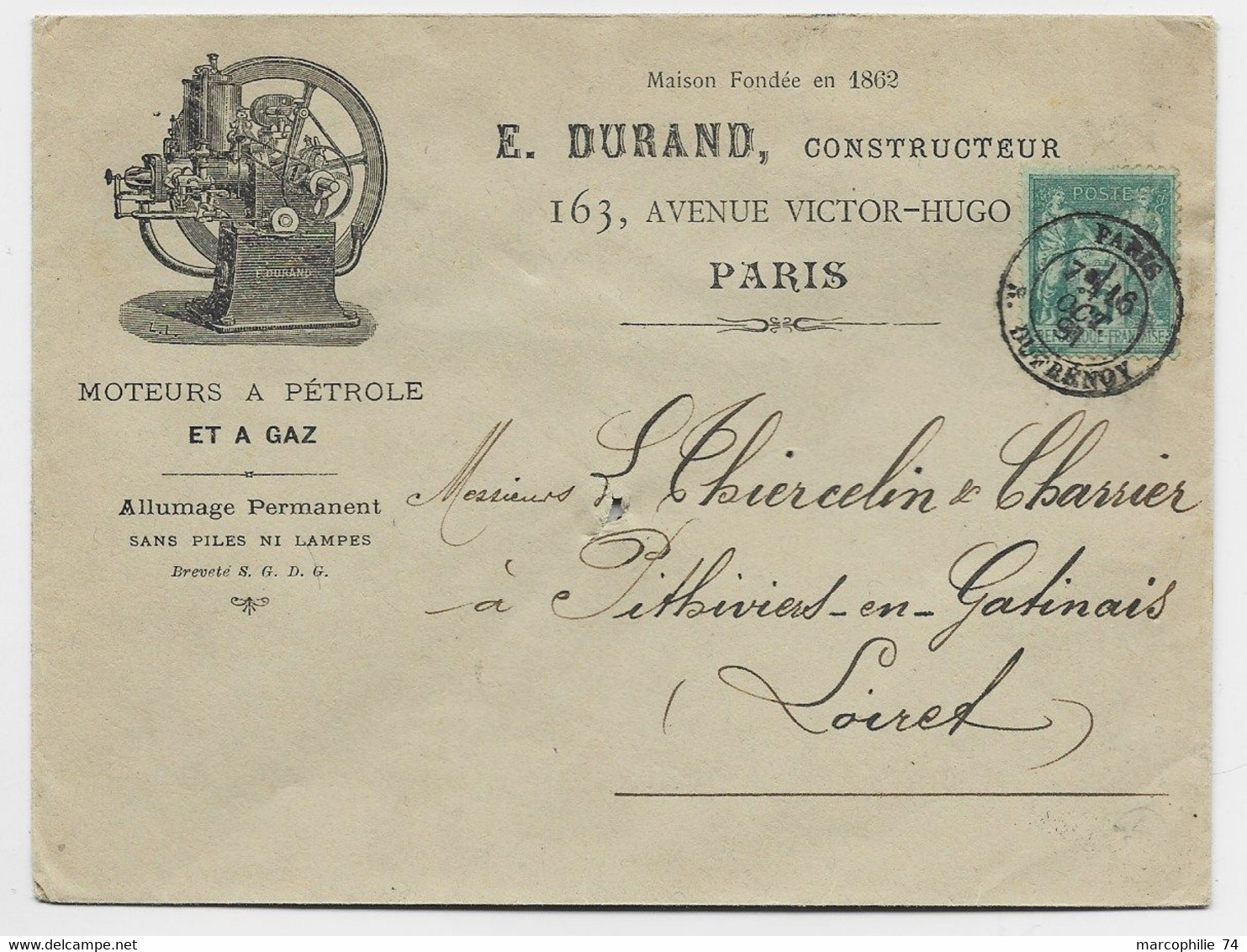 SAGE 5C N° 75 SEUL LETTRE ENTETE E DURAND CONSTRUCTEUR AVENUE VICTOR HUGO TYPE 18 PARIS 13 OCT 1891 R DUFRENOY - 1877-1920: Semi Modern Period