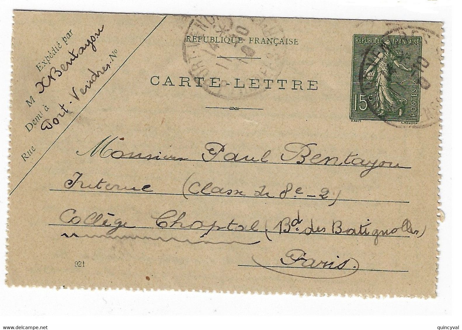 PORT VENDRES  Pyrénées Orientales Carte Lettre 15c Semeuse Lignée Storch B8 Yv 130-CL7 Mill 921 Ob 1919 - Cartes-lettres