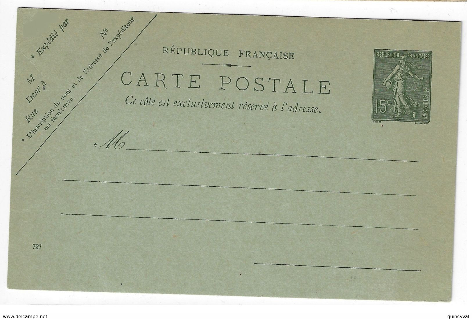 Carte Postale Entier 15c Semeuse Mill 727 Storch B1 Yv 130-CP1 Date 1° Tirage - Kartenbriefe