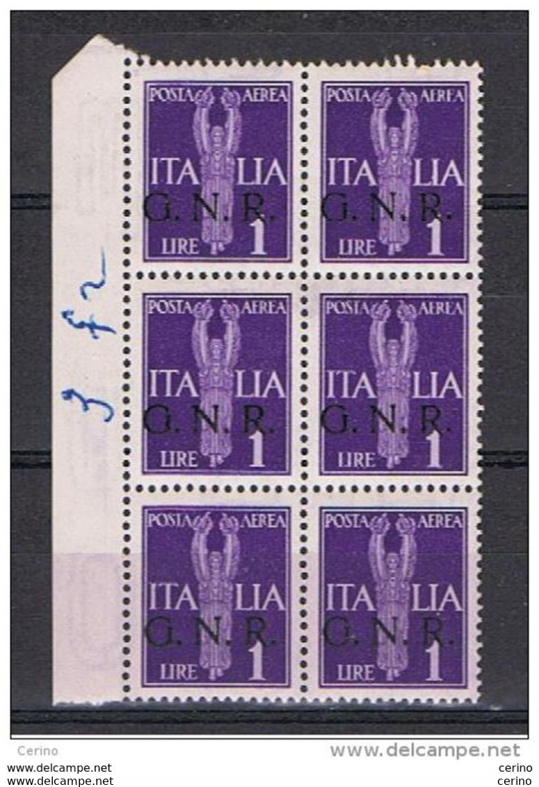 R.S.I.:  1944  P.A. ALLEGORIE  -  £. 1  VIOLETTO  BL. 6  N. -  SASS. 121 - Poste Aérienne