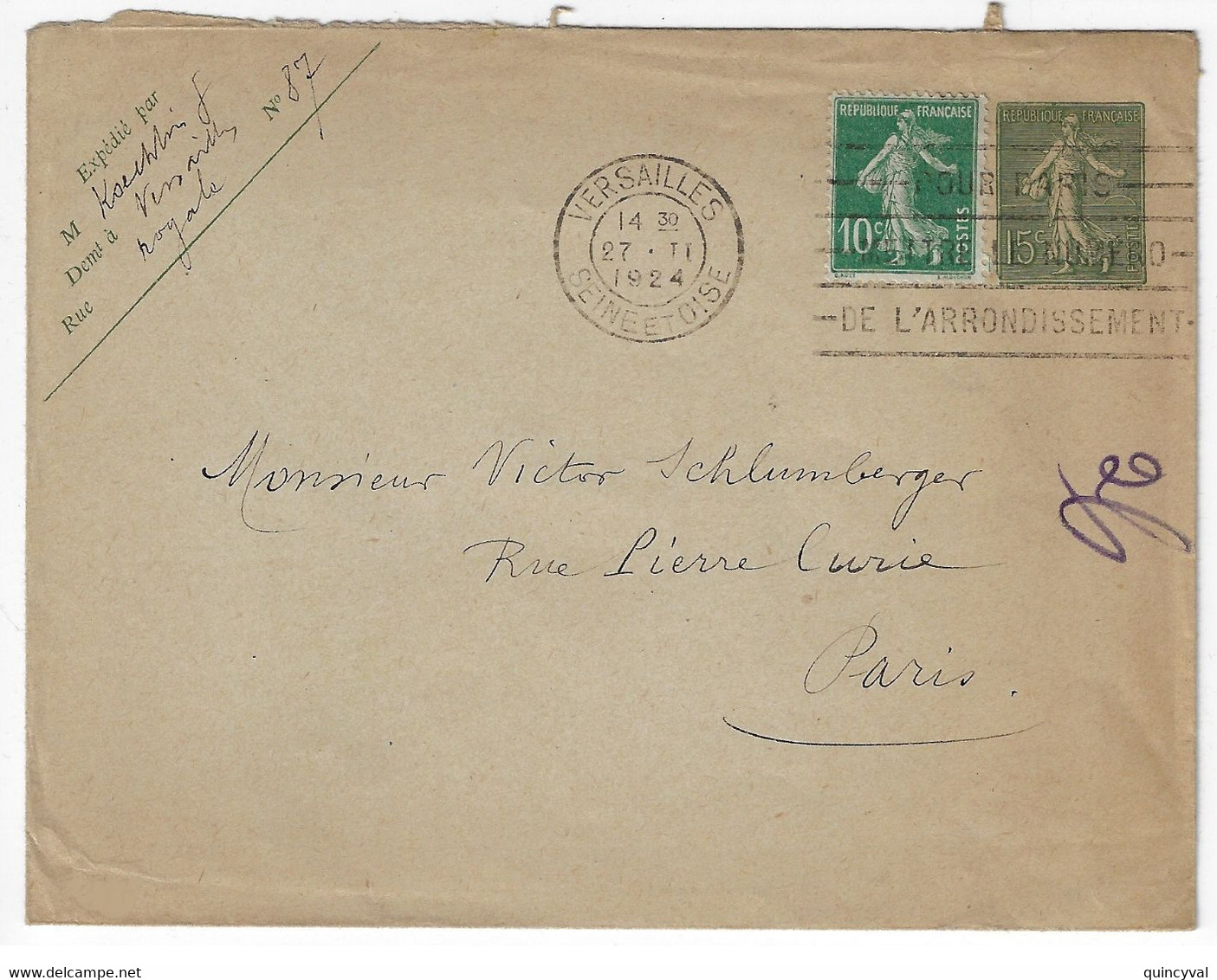 VERSAILLES Lettre Enveloppe 15c Entier Postal Mill 937 Storch B19 Complément 10c Semeuse Yv 130-E9 159 Ob 1924 - Standard Covers & Stamped On Demand (before 1995)