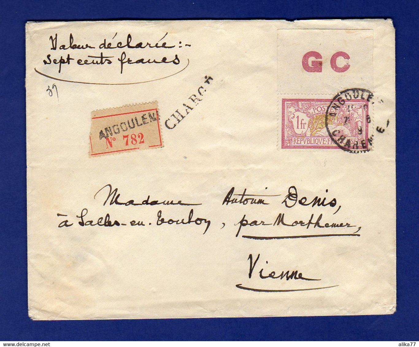 FRANCE    Oblitérés   Type Merson    Y. Et T.  N° 121 Papier GC Sur Lettre Recommandée Et Valeur Déclarée - 1900-27 Merson